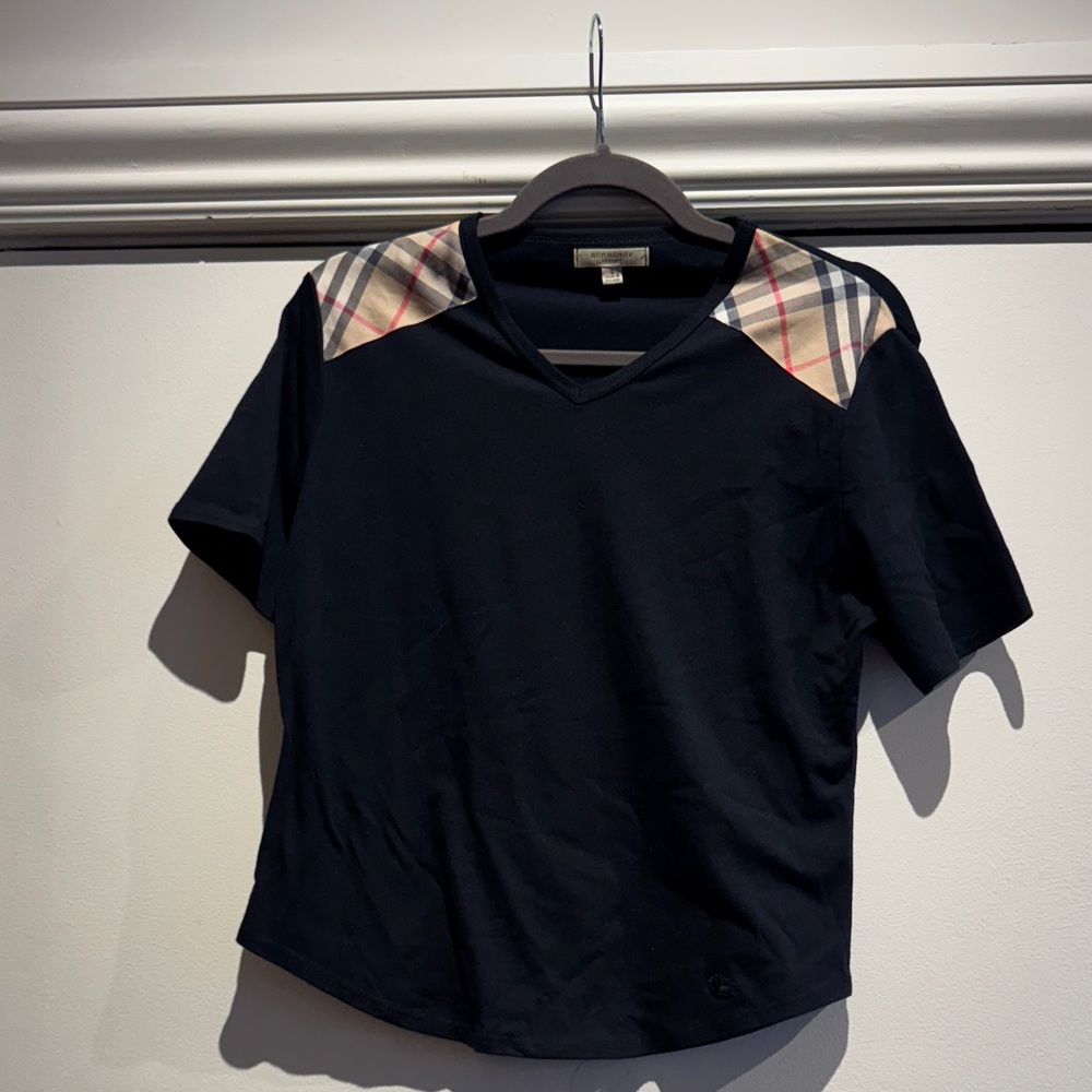 Burberry London Women’s Black V-Neck Check Shoulder T-Shirt Top L Nova Check
